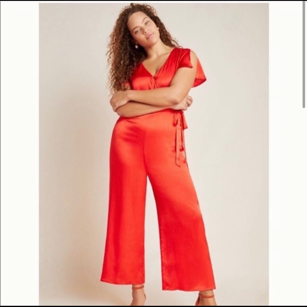 Anthropologie Maquelle Red Satin wrap Short Sleeve Wide Leg Jumpsuit